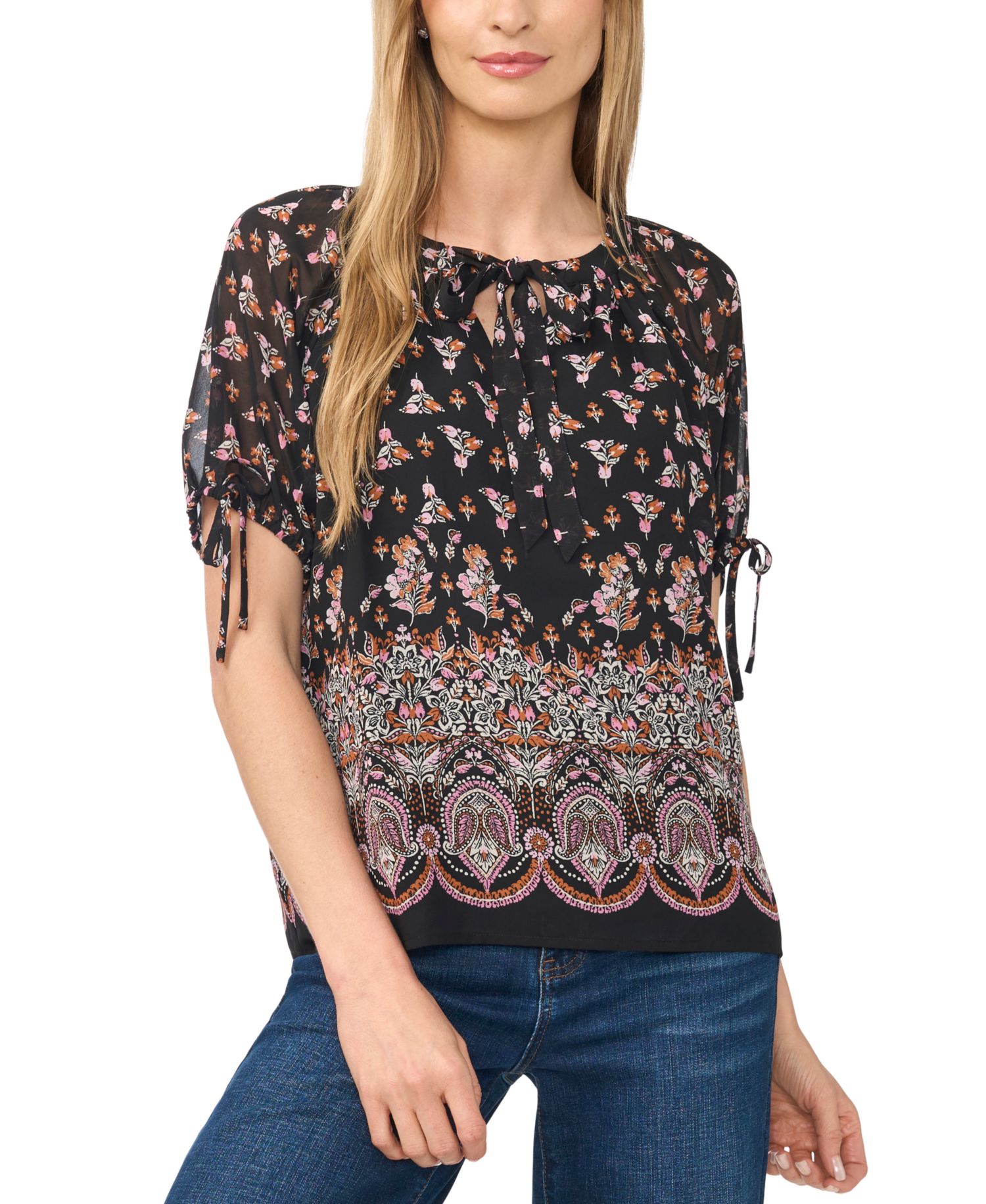 Women's Puff Raglan Short-Sleeve Tie Neck Floral-Print Blouse