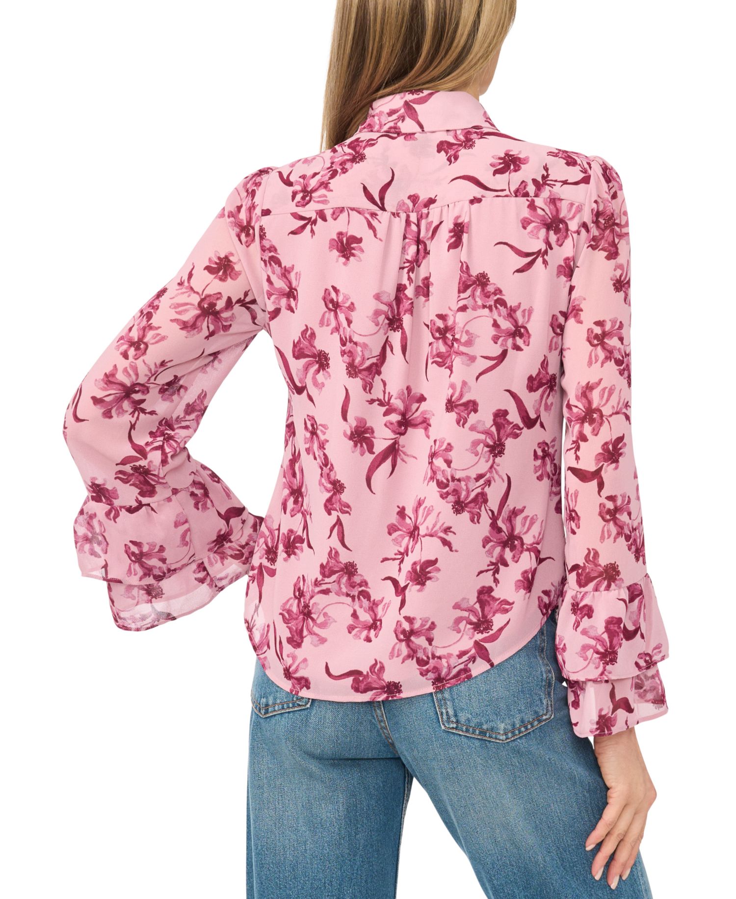 Women's Long-Sleeve Double-Ruffle Cuff Button-Down Floral-Print Blouse