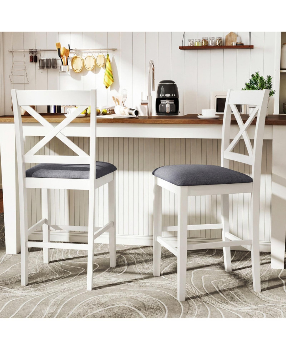 Sugift X-Back Bar Stools Set of 2 Counter Height Seats with Upholstered Linen Cushions