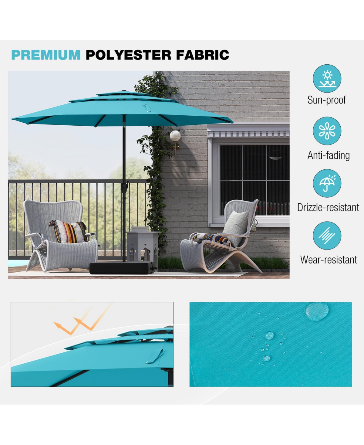 Sugift 10 ft 3-Tier Vented Patio Umbrella with Push Button Tilt and Crank Handle