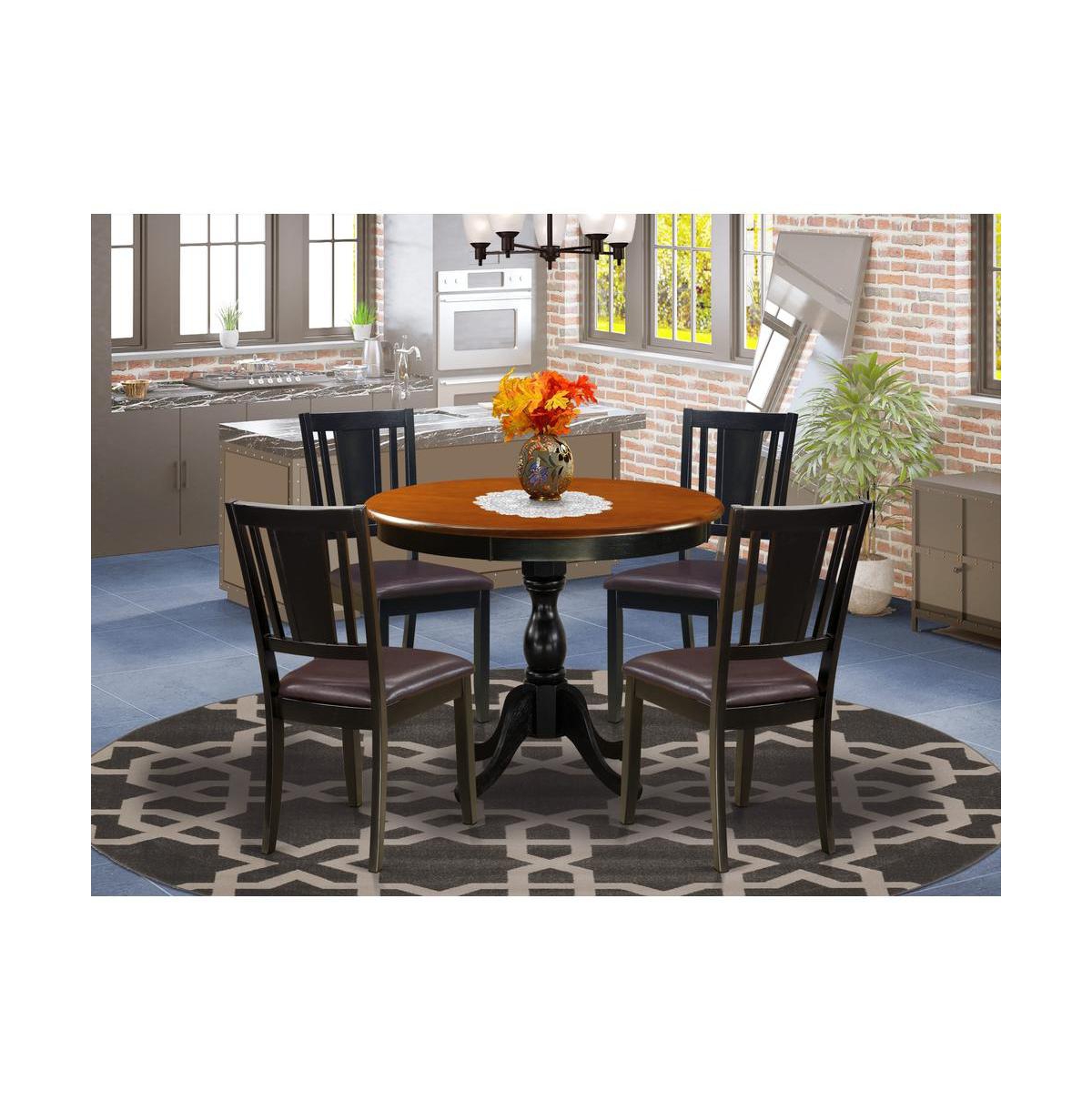 East West Furniture Dining Room Set Includes a Wooden Kitchen Table and 4 Faux Leather Dining Chairs with Panel Back