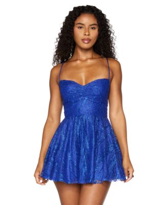 Juniors' Sweetheart Neck Glitter Mesh Lace-Up Back Dress