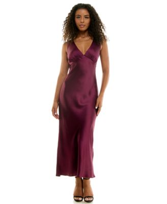 Juniors' V-Neck A-Line Satin Dress