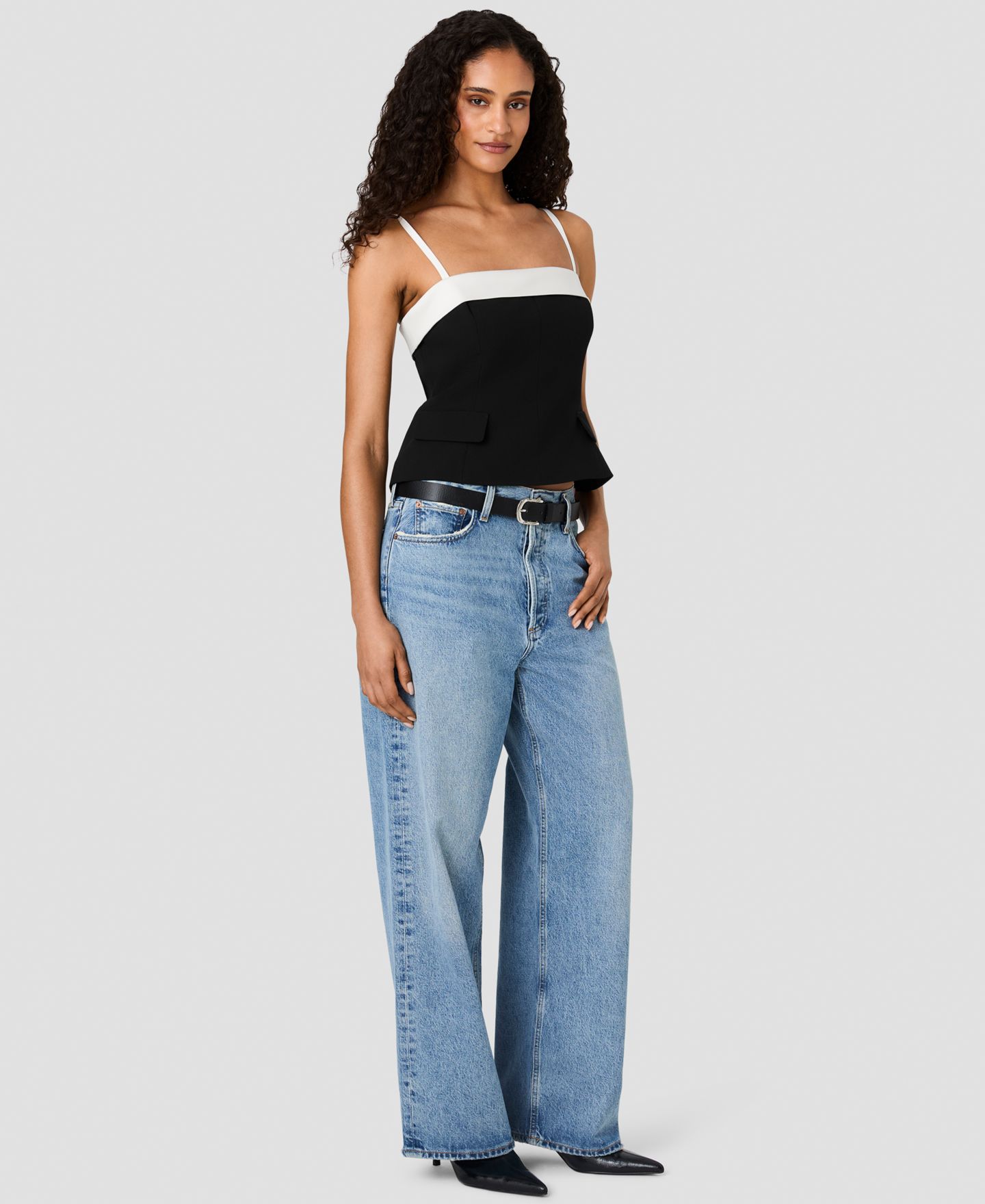 Женский топ French Connection Azra x Carey Foldover Sleeveless Square-Neck Colorblock, цвет: Чёрный фарфоровый кремовый — фото 4