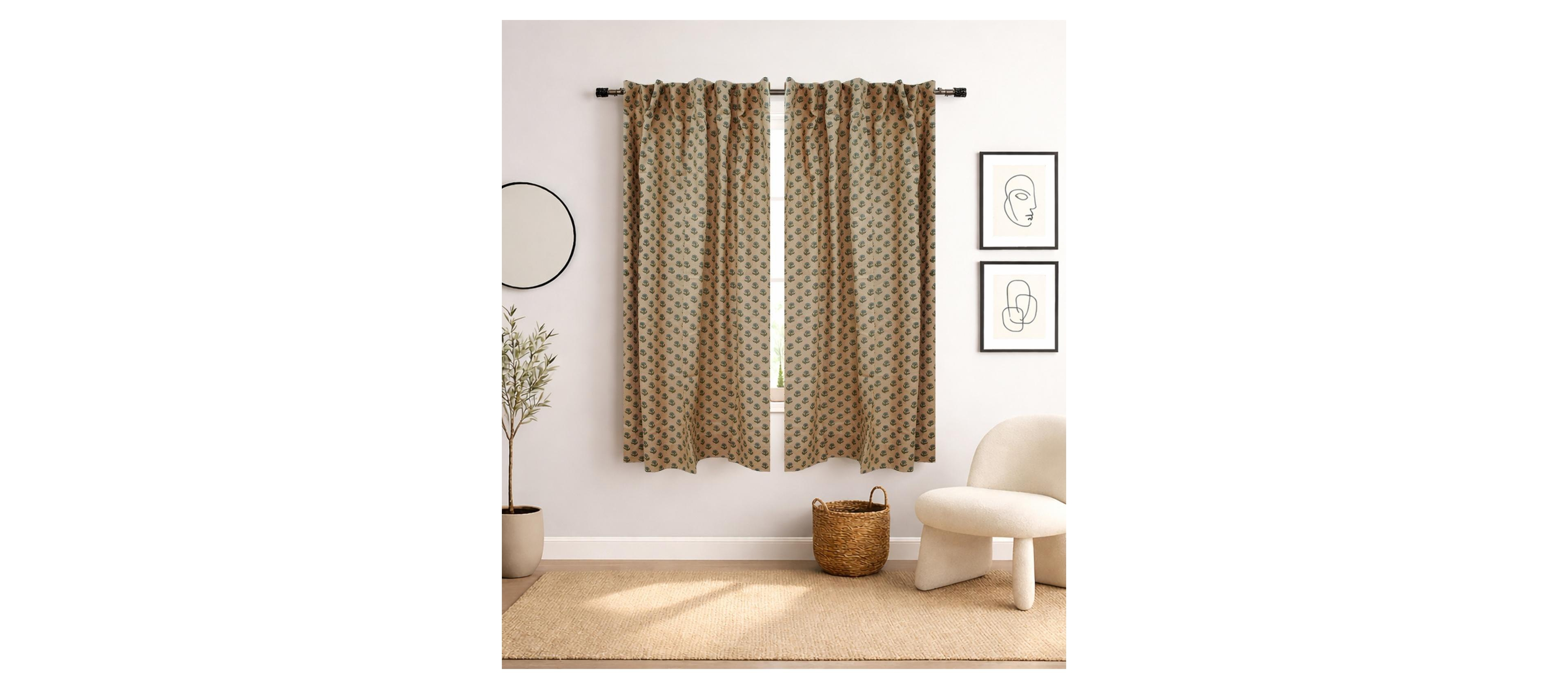 Fabdivine Palak Handmade Bohemian Block Print Viscose Color Linen Window Curtain
