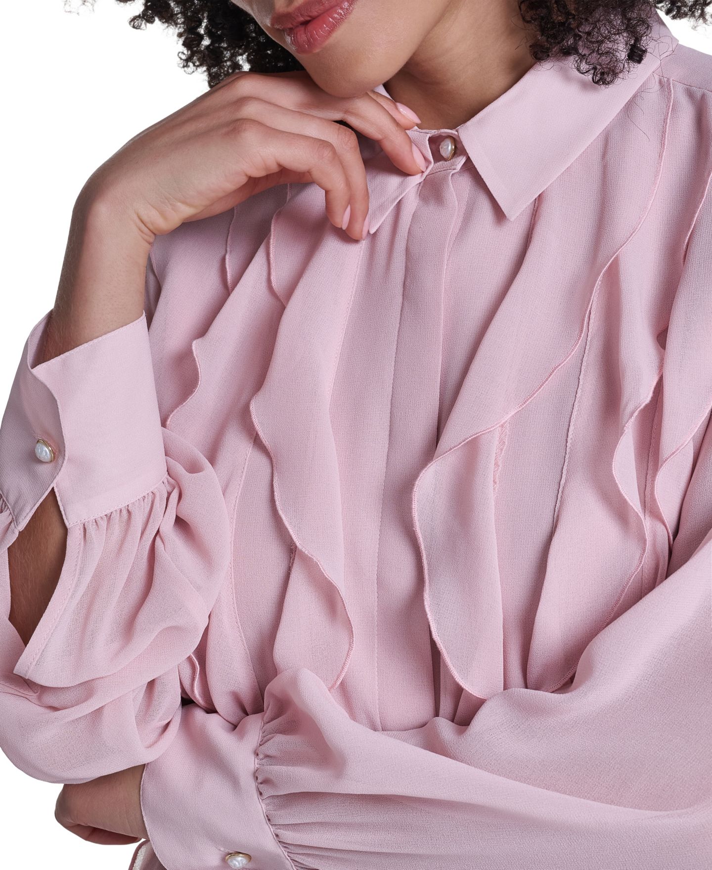 Женская блузка KARL LAGERFELD PARIS Sheer Long-Sleeve Point Collar Blouse, цвет: Розовато-лиловый — фото 7