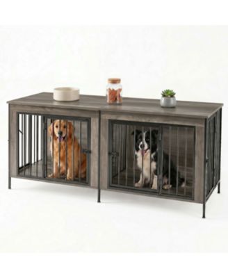 Double Dog Crate Furniture with Divider, Heavy Duty Pet Kennel End Table TV Stand, Extra Large Double Door