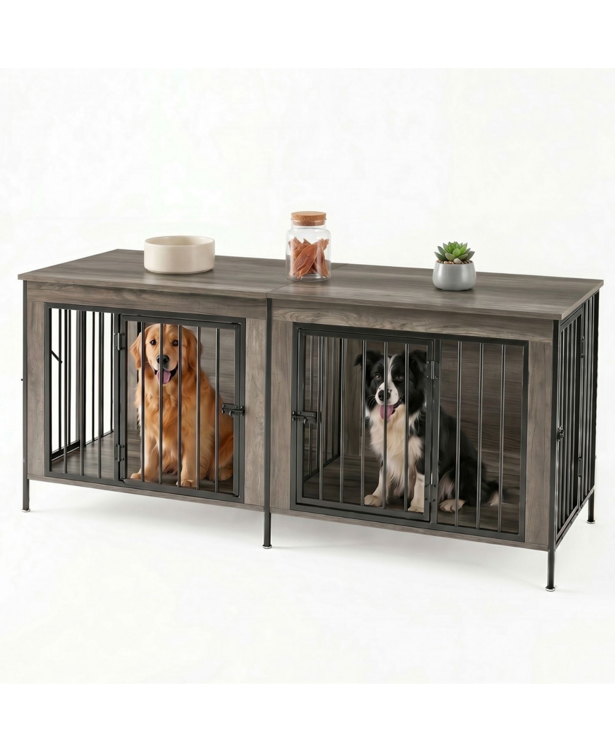 Zeny Double Dog Crate Furniture with Divider, Heavy Duty Pet Kennel End Table Tv Stand, Extra Large Double Door - Grey