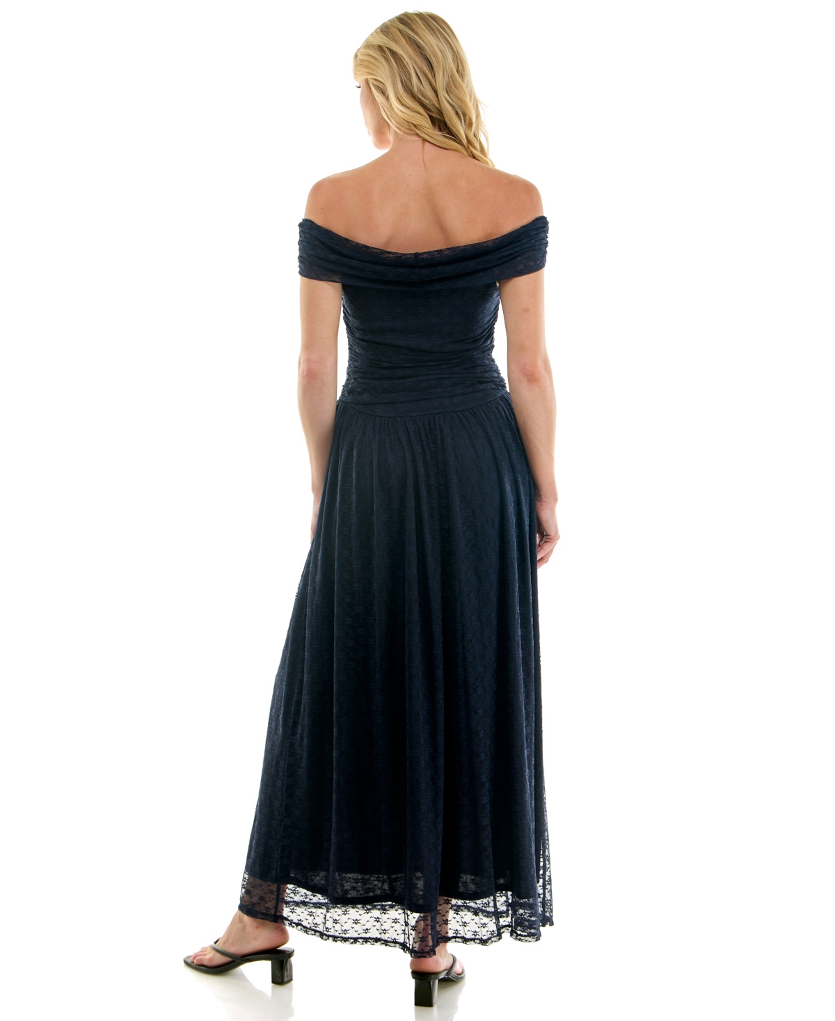Beauty & Grace Juniors' Lea Off-the-Shoulder Lace Ruched Maxi Dress