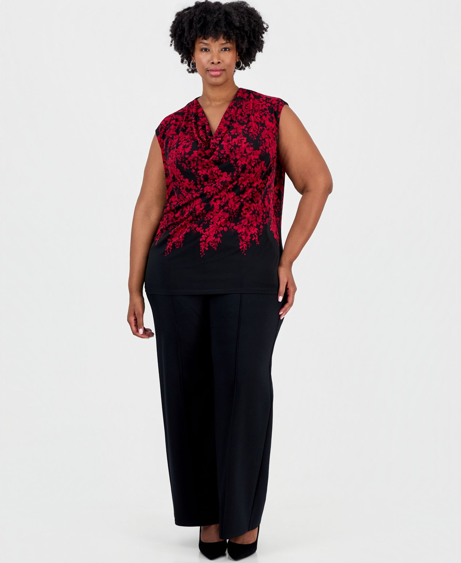 Plus Size Cowl-Neck Cap-Sleeve Floral Blouse