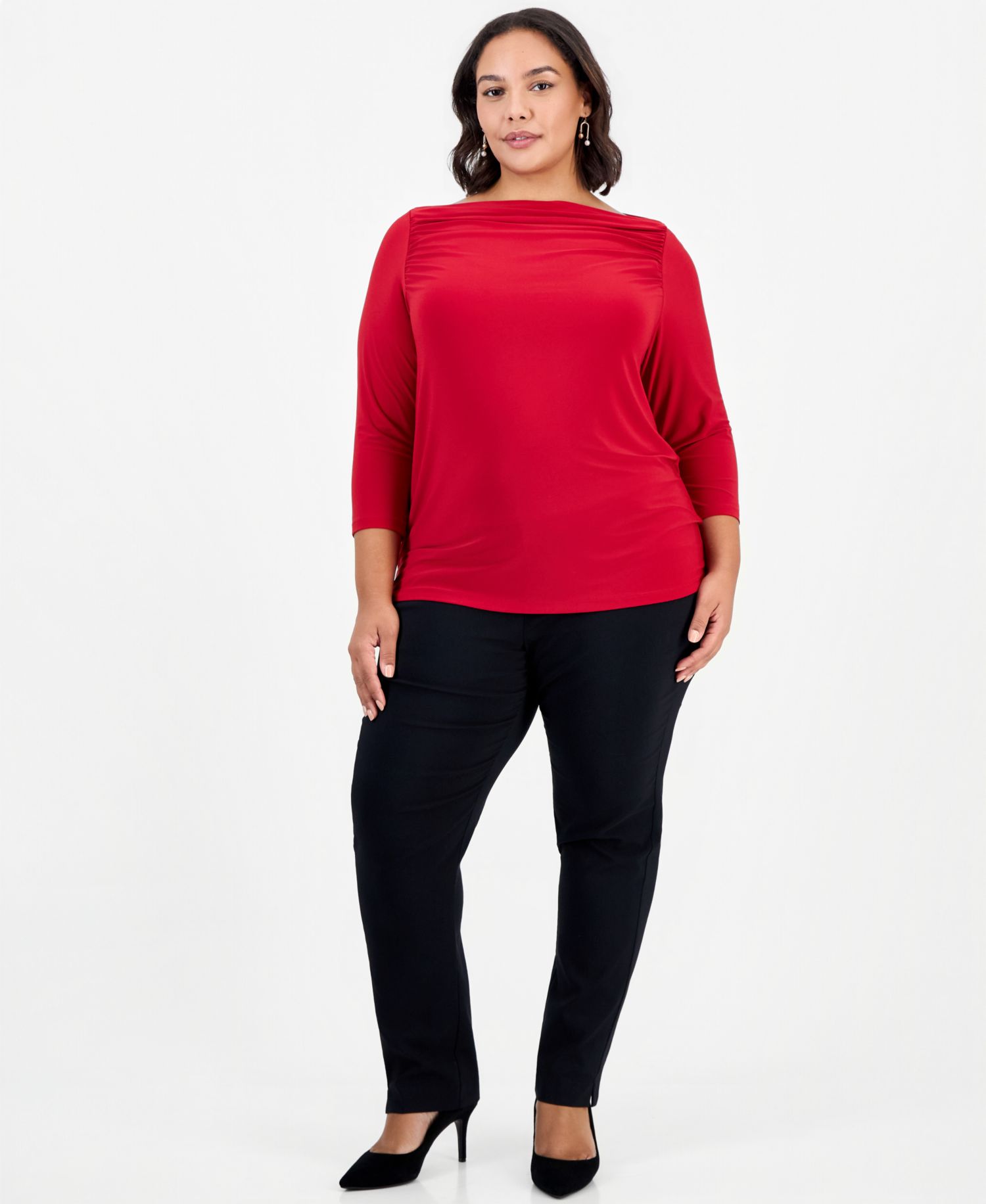 Plus Size Boat Neck 3/4-Sleeve Ruched Blouse