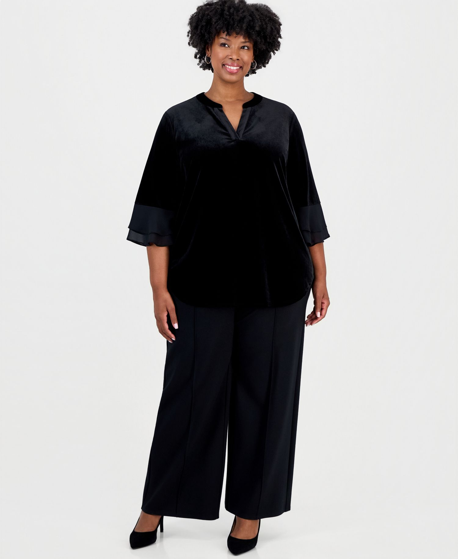 Plus Size Split-Neck 3/4-Length Flutter-Sleeve Blouse