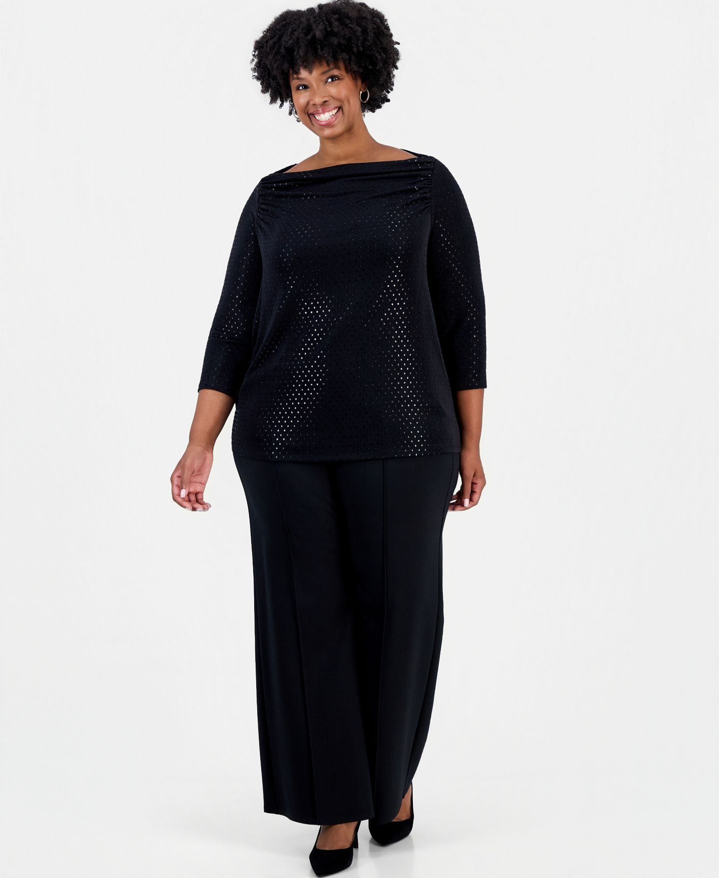 Женская блузка Kasper Plus Size Boat-Neck Metallic-Dot Shirred-Front 3/4-Sleeve, цвет: Чёрный — фото 4