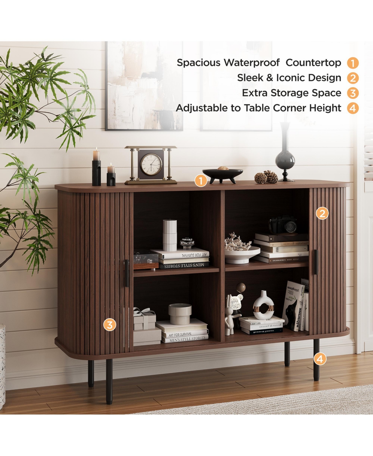 Vabches Buffet Sideboard Storage Cabinet, Fluted Credenza with Sliding Doors and Adjustable Shelves
