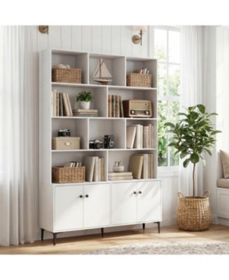 Tall Bookshelf with 4-Door Storage Cabinets and Metal Legs for Home Office