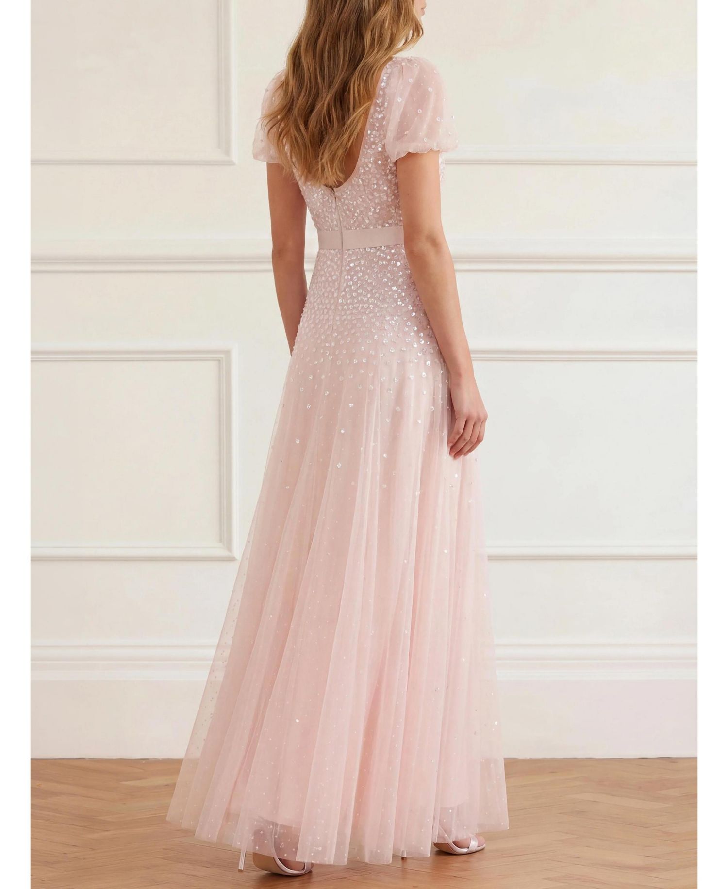 Women's Sequin Cascade Bow Short-Sleeve Gown