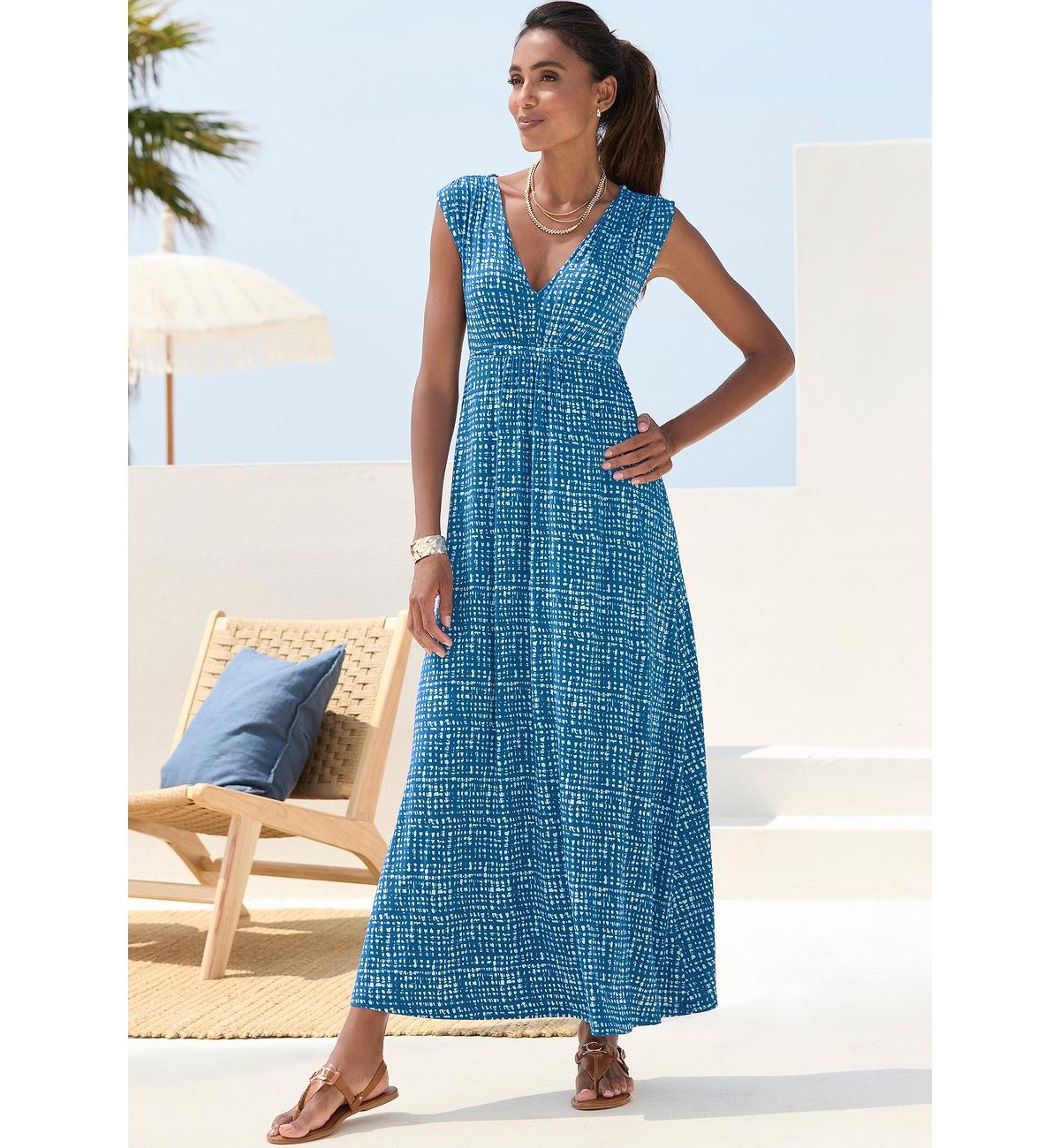 Lascana Women's Printed A-Line V-Neck Empire-Waist Maxi Dress