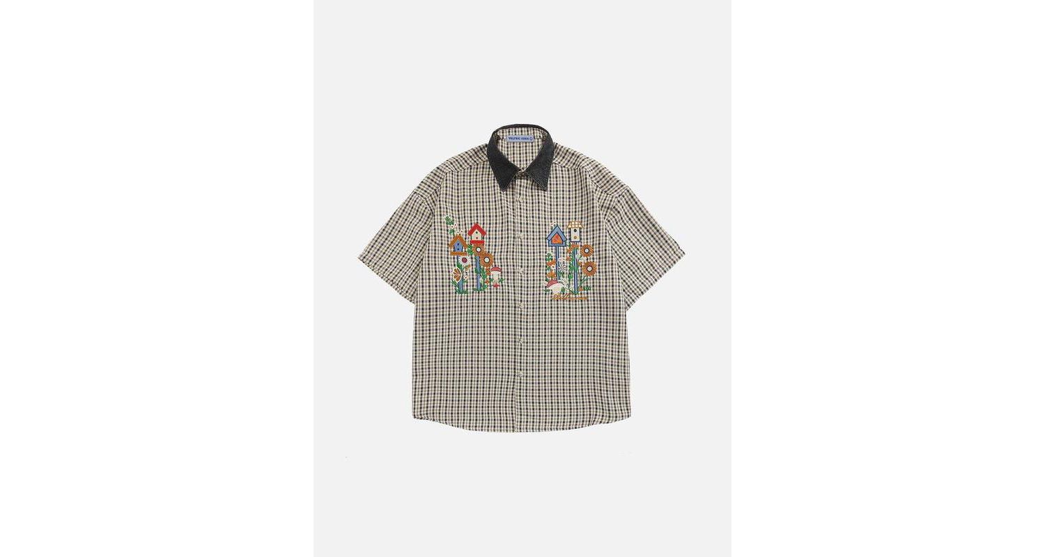 Women's Short-Sleeve Plaid Embroidered Button-Down Shirt