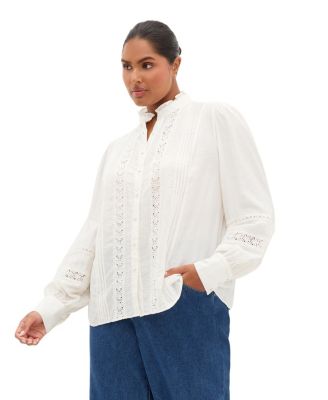 Plus Size Whimsical High-Neck Embroidered Long-Sleeve Shirt