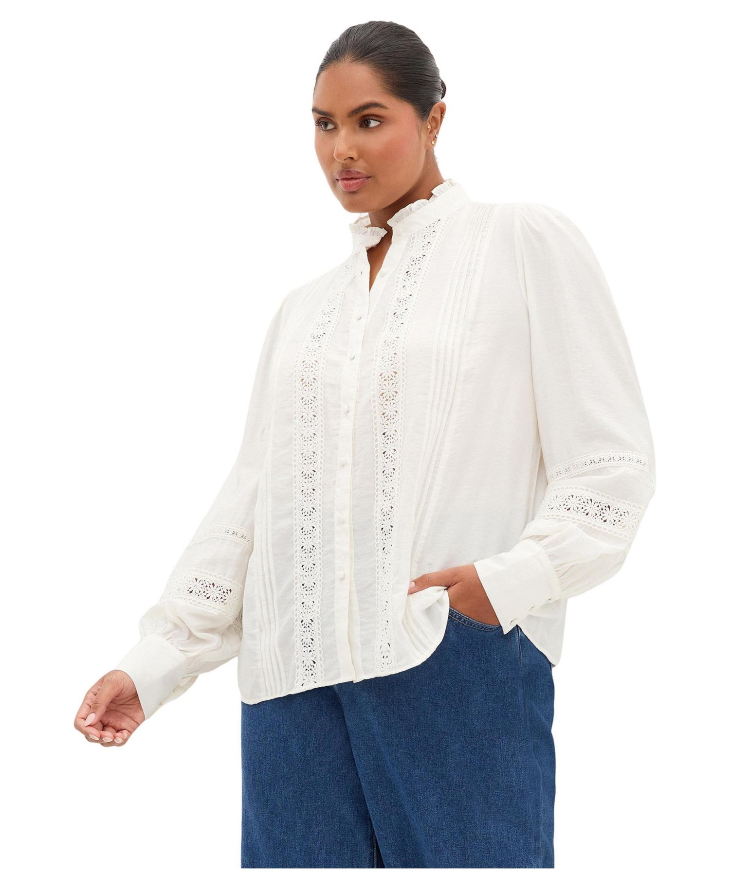 Plus Size Whimsical High-Neck Embroidered Long-Sleeve Shirt
