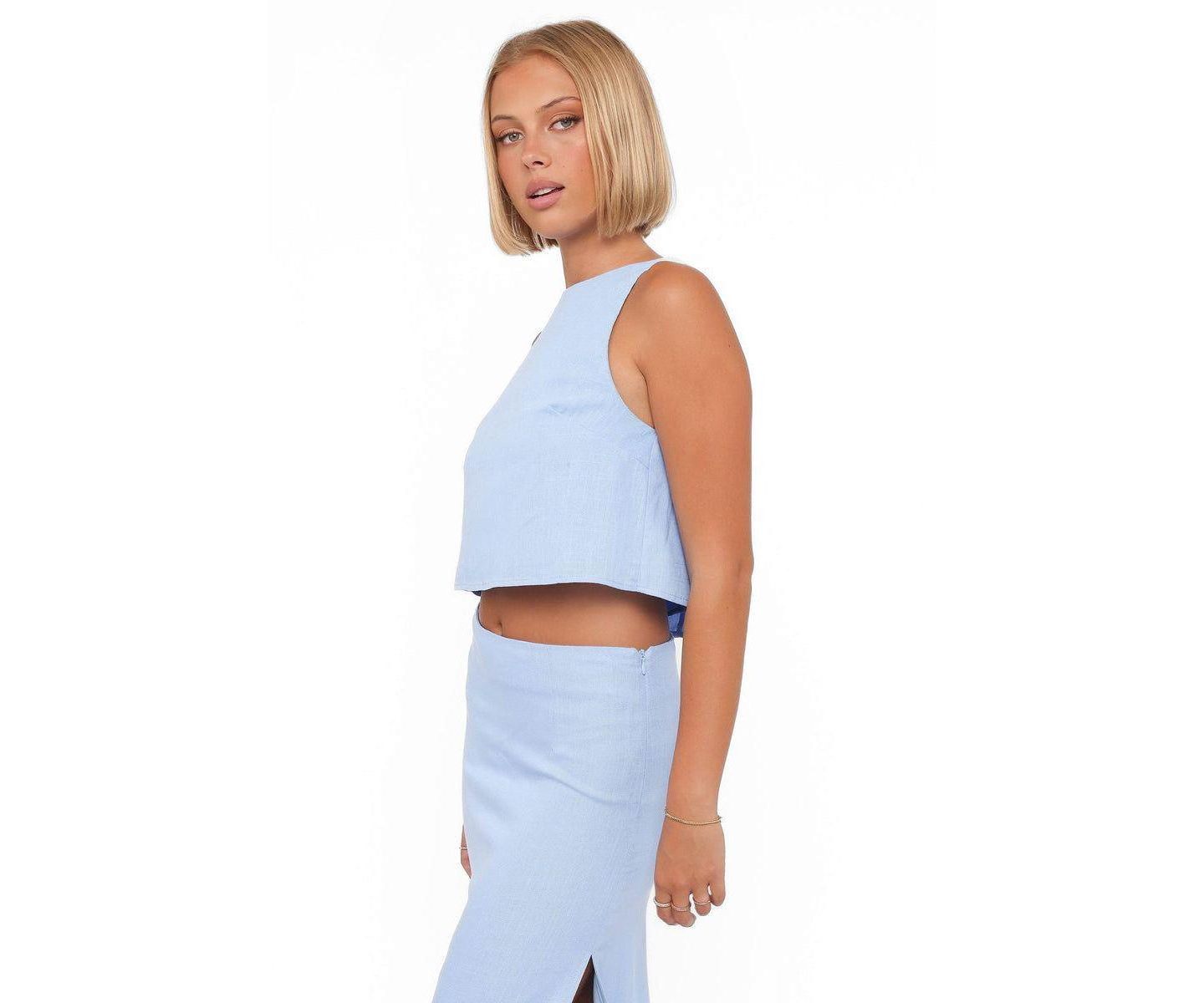 Женский топ Petal and Pup Madison Cropped Linen-Blend High-Neck, цвет: Синий — фото 2