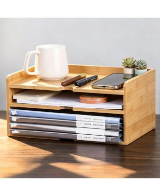 Solid Wood Desk Organizer Stackable File Tray Mail Holder 2-in-1 Rack