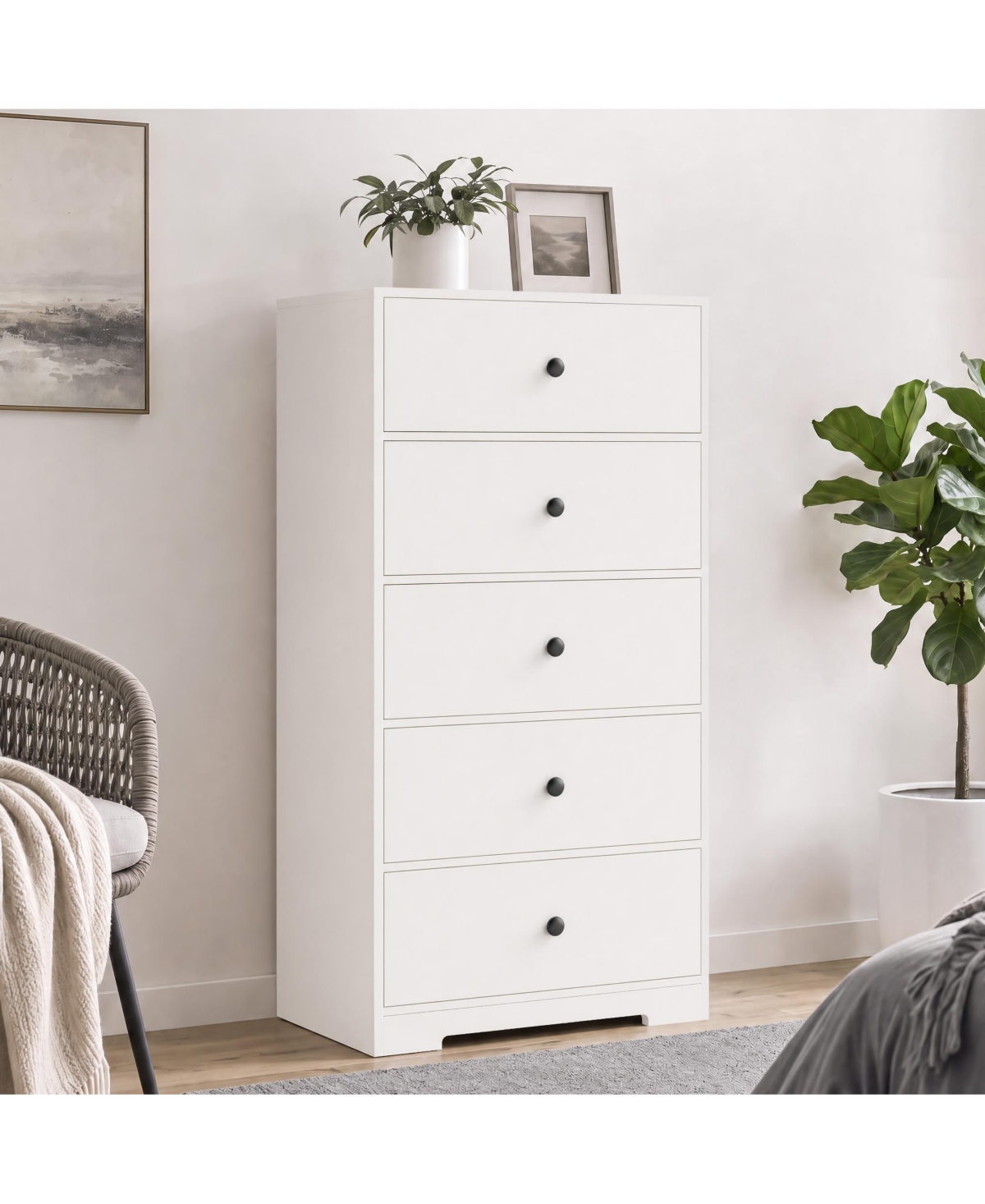 homfan 5-Drawer Tall Chest of Drawers, 45.3 Inch Dresser Cabinet with Waterproof Finish & Smooth Drawer Glides, Bedroom Clothes Storage Organizer - Wh