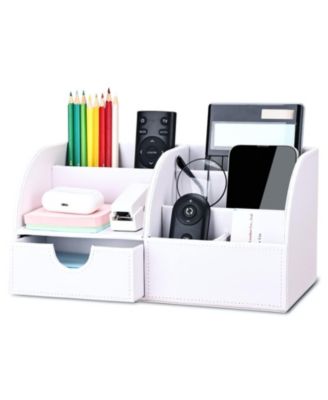 PU Leather Desk Organizer 6 Compartments With Drawer Office Supplies Storage