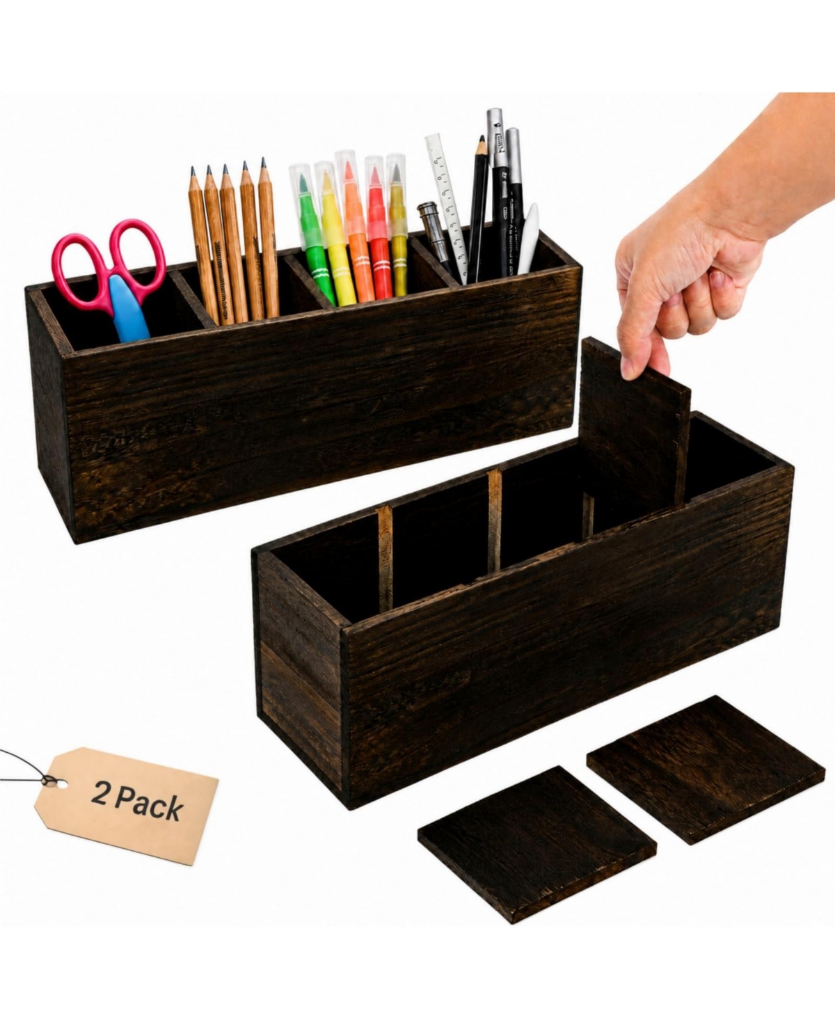 Danrong 2 Pack Rustic Wooden Desk Organizer 4 Compartments Pen Holder For Home Office School