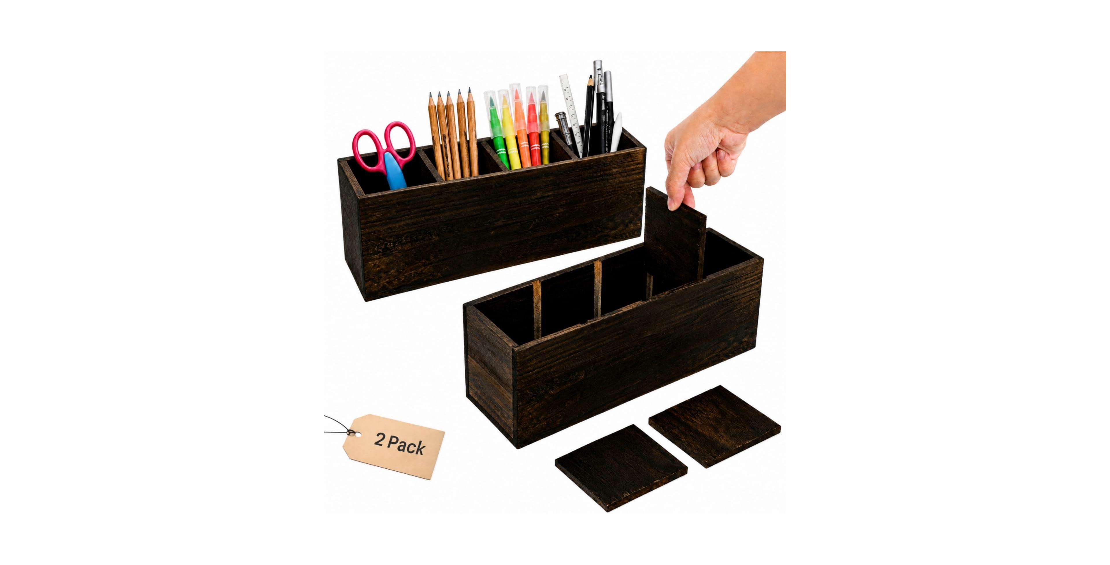 Danrong 2 Pack Rustic Wooden Desk Organizer 4 Compartments Pen Holder For Home Office School