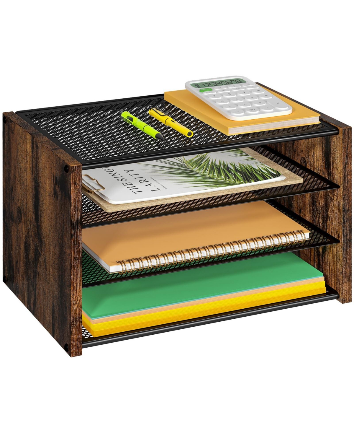 Danrong 3 Tier Stackable Metal Mesh Wooden Desk File Organizer Tray For Office Home School