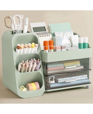 White Desk Organizer With Pen Holder 2 Drawers 4 Compartments Desktop Storage For Office Home School Art Supplies