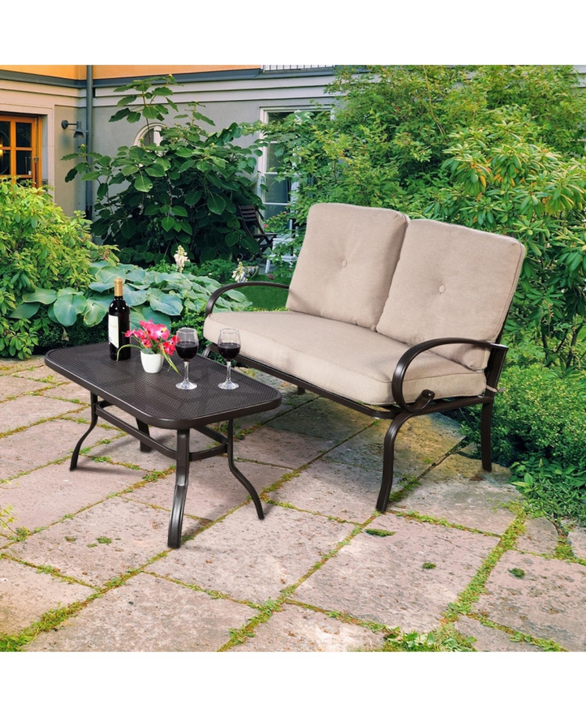 Sugift 2-Piece Outdoor Cushioned Loveseat and Coffee Table Set