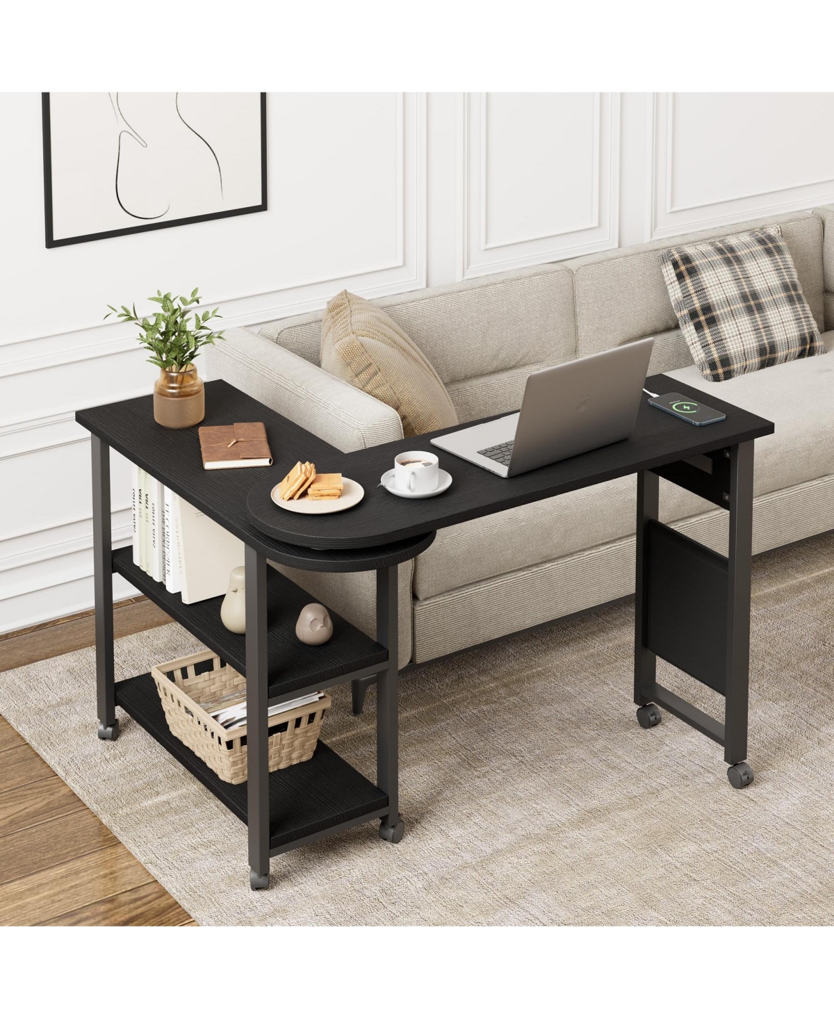 homfan 360degree(s) Rotating Sofa Side Table – Charging Station, 2-Tier, Storage Pocket, 6 Casters Movable