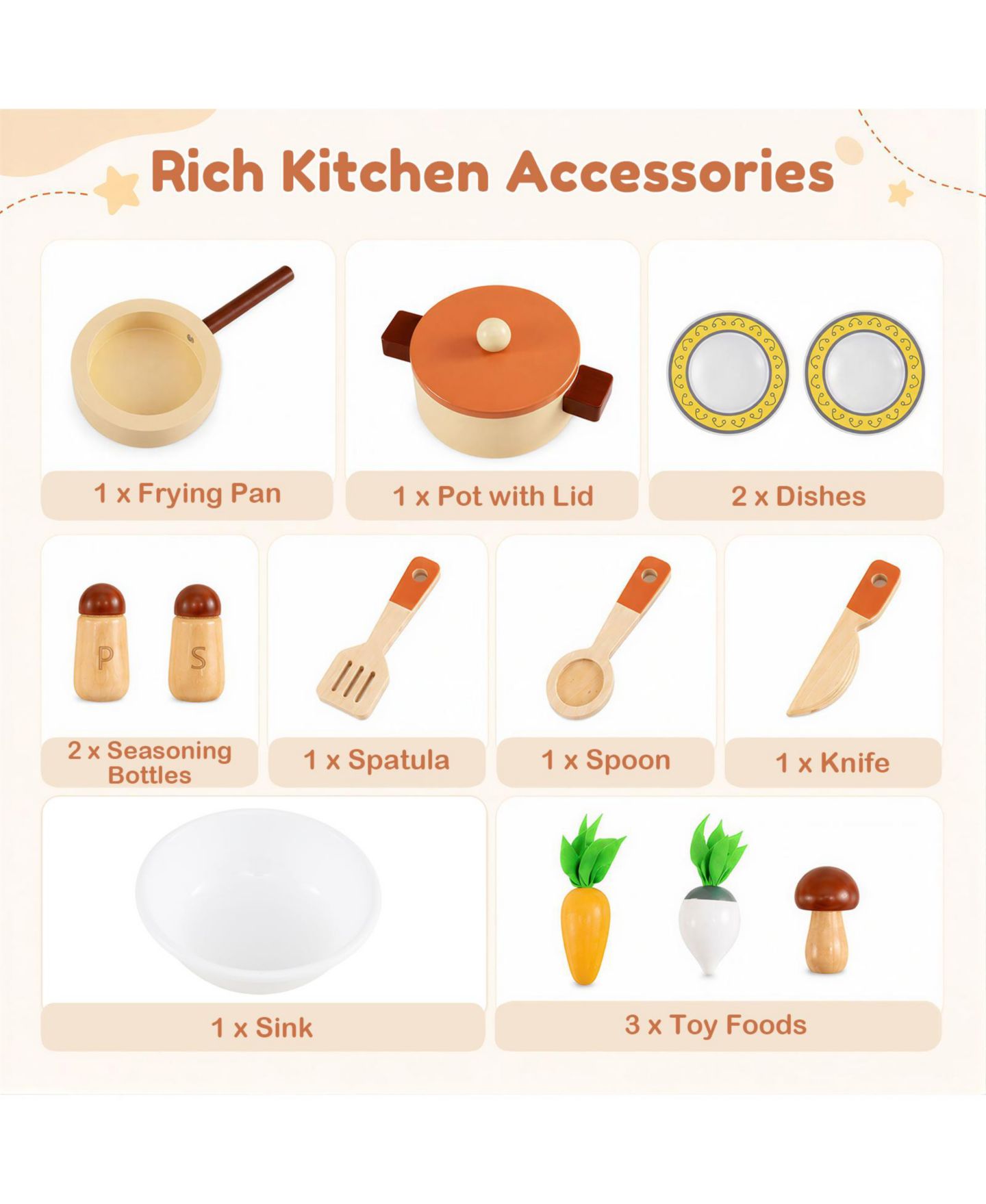 Детский игровой набор Gymax Toddler Wooden 10-Piece Kitchen Playset, Ages 3+, цвет: Бежевый — фото 6
