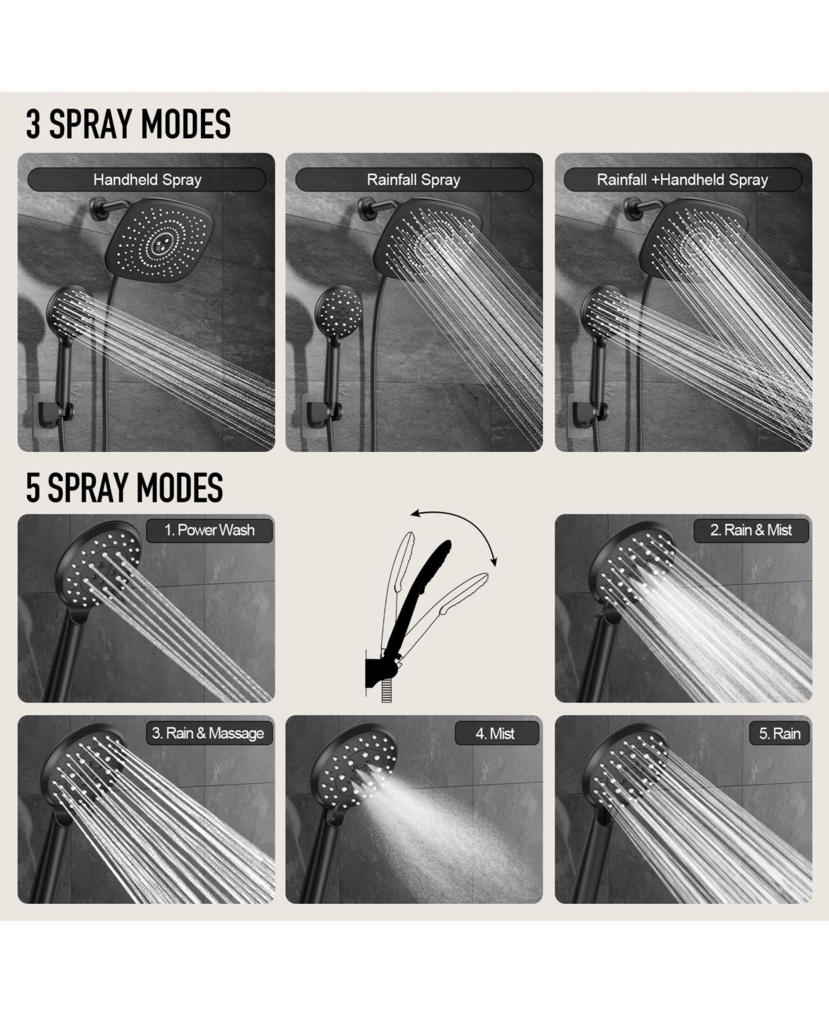 Cyqbd 10" Rain Shower Head With Handheld 5 Spray Modes Dual Heads