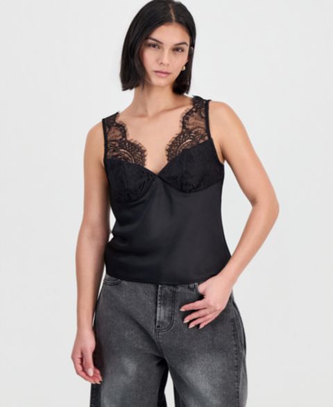 Женский топ Bar III V-Neck Lace-Trim Camisole, цвет: Чёрный
