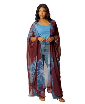 Plus Size Floral Chiffon Kimono Cover-Ups