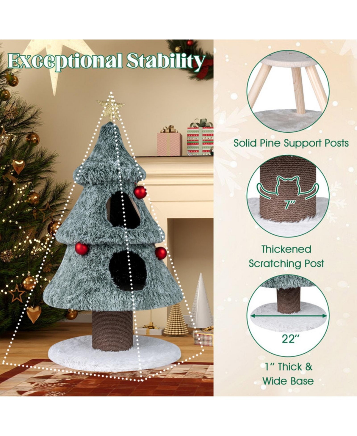 Sugift Christmas Cat Tree 48.5 Inch Festive Cat Tower with 2 Large Condos and Thick Scratching Post