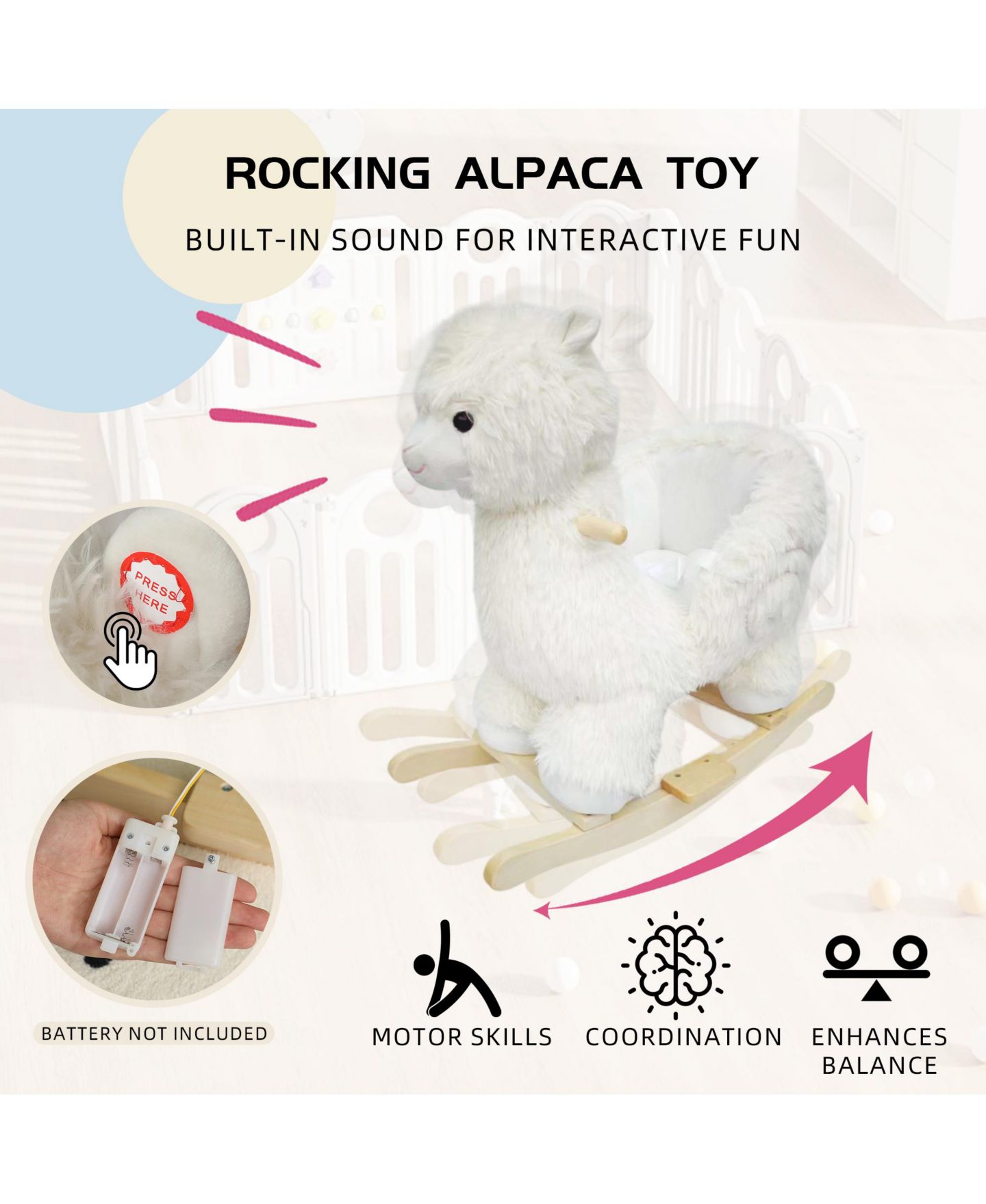 Детская мягкая игрушка SEVORLEY Plush Alpaca Rocking Ride-On Toy With Sound, Ages 1-3, цвет: Белый — фото 6