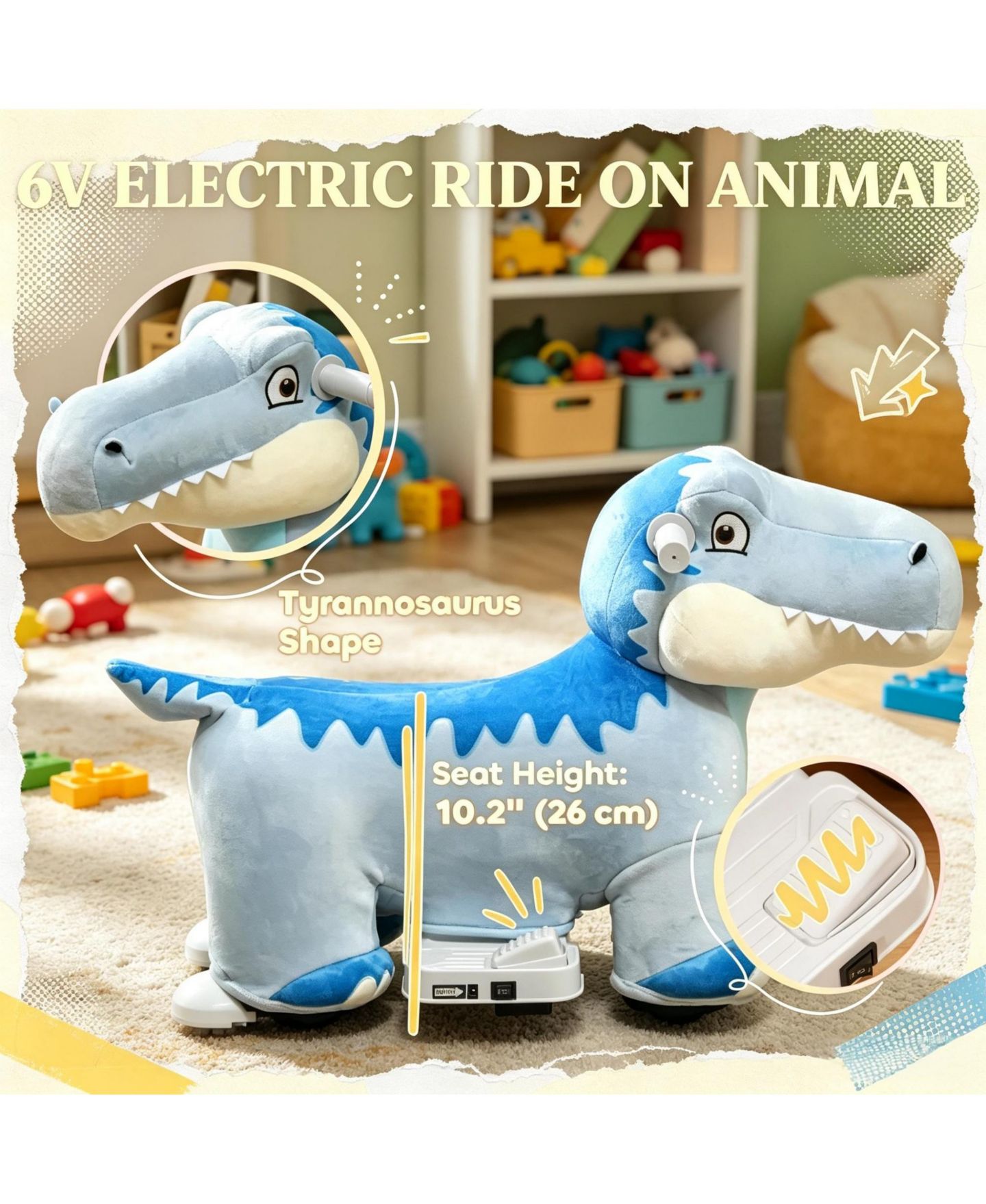 Детская игрушка SEVORLEY 6V Dinosaur Ride-On Toy with Forward Drive, Ages 18-36 Months, цвет: Синий — фото 7