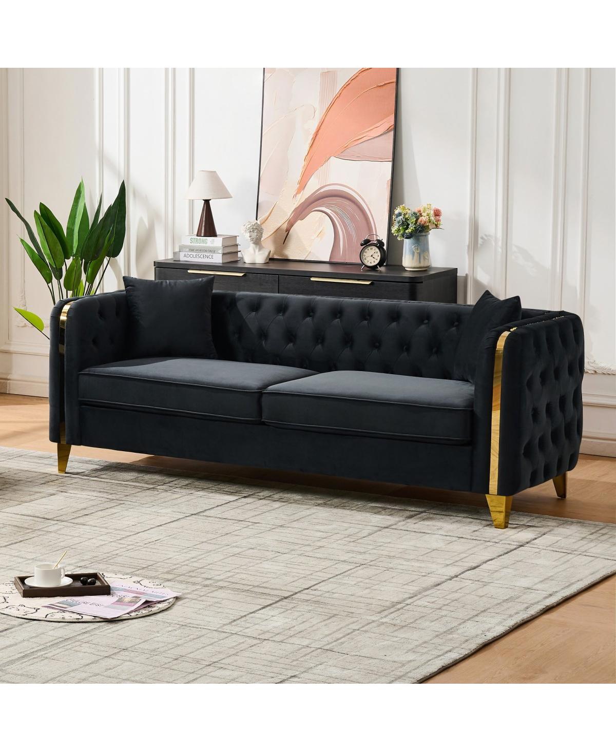 Streamdale Furniture 81" Velvet Chesterfield Sofa with Gold Legs