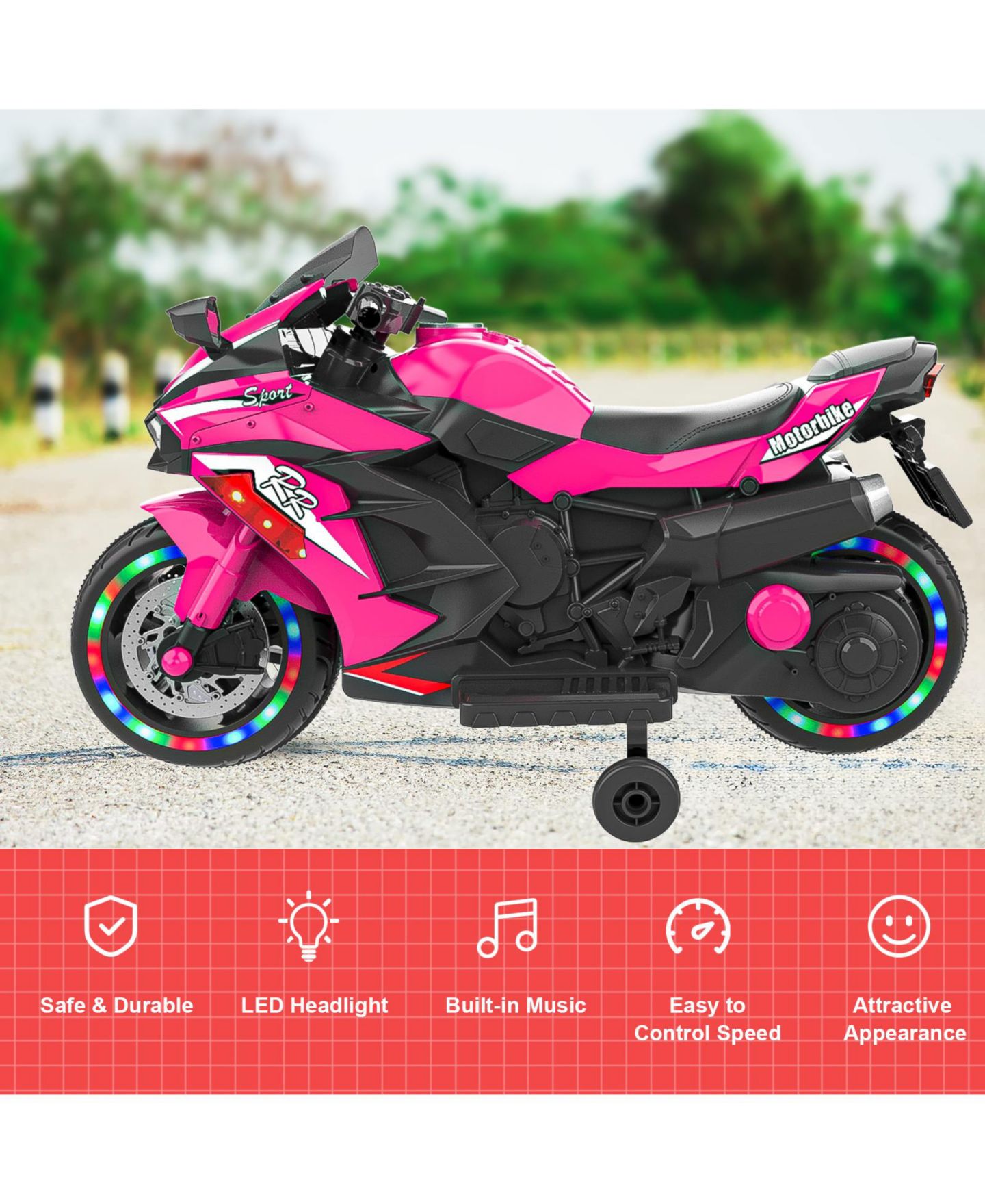 Детская игрушка SEVORLEY 12V Kids Electric Ride-On Motorcycle with Music, Training Wheels, Rechargeable, Ages 3-6, цвет: Розовый — фото 6