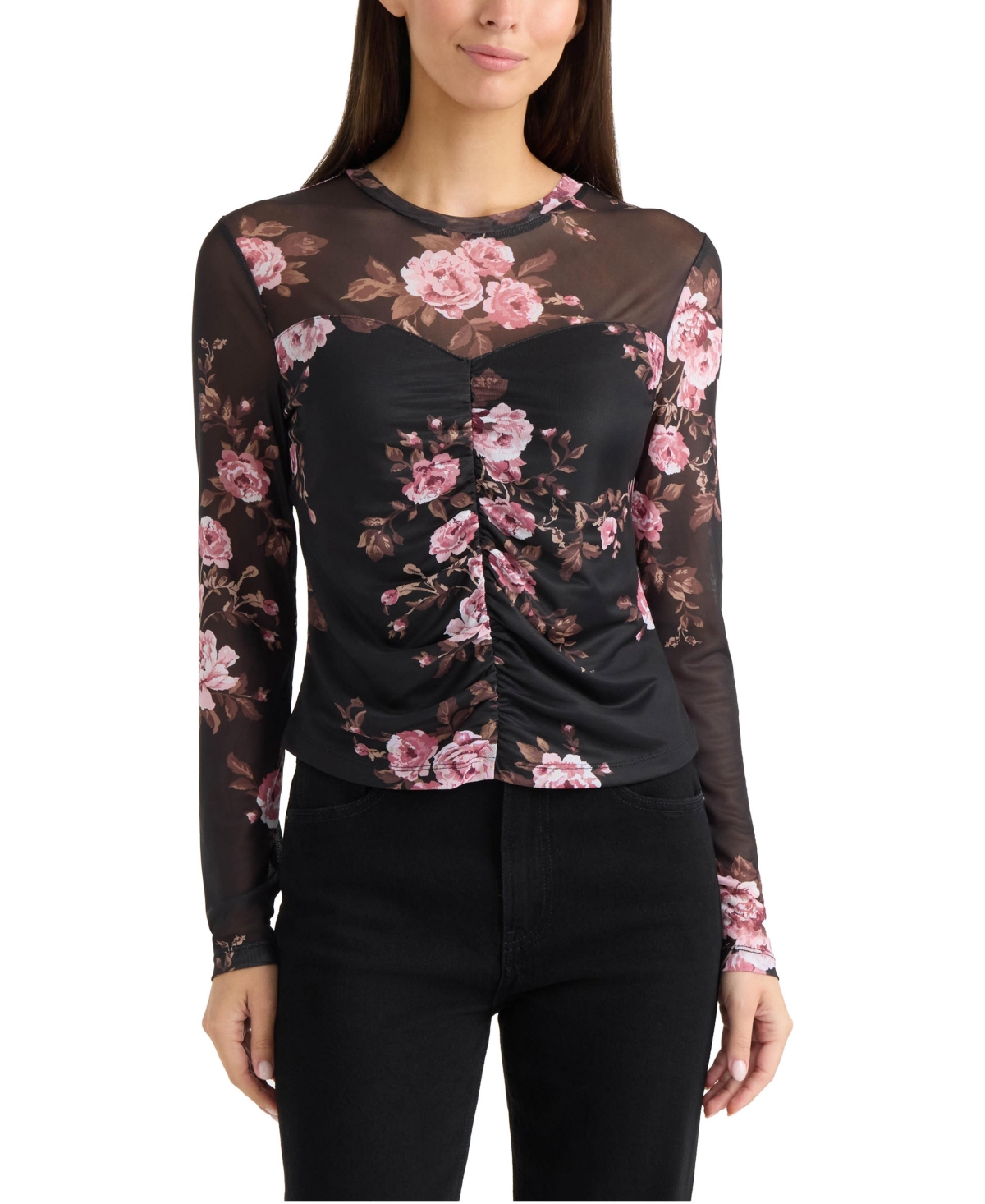 Ellen Tracy Women's Sweetheart Mesh Long-Sleeve Top - Black peonie