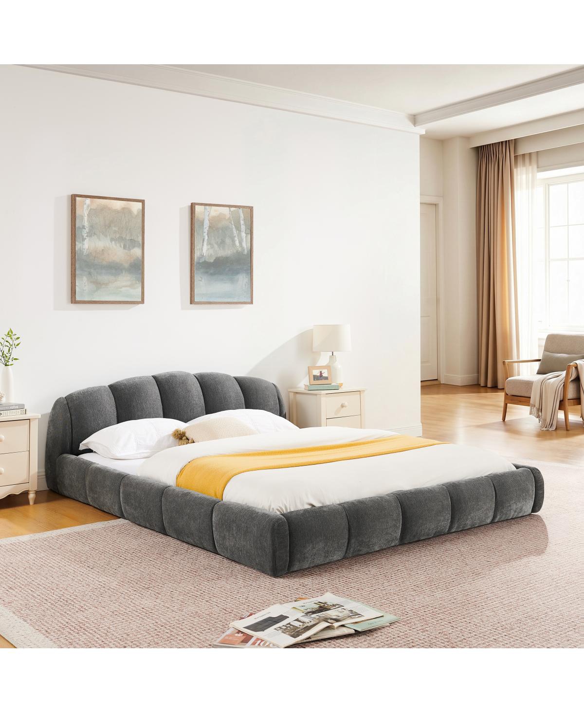 Streamdale Furniture Queen Chenille Upholstered Platform Bed Frame, Curved Headboard