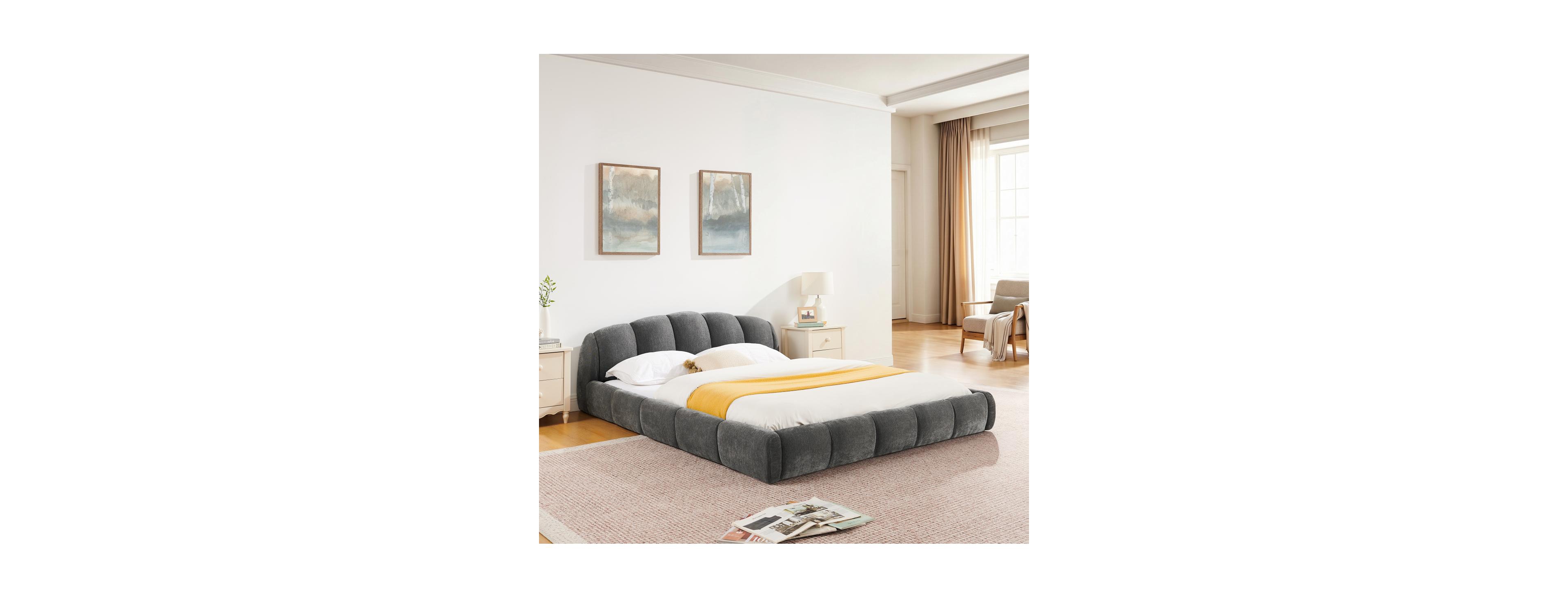 Streamdale Furniture Queen Chenille Upholstered Platform Bed Frame, Curved Headboard