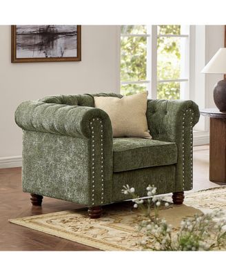  Chenille Rolled Arm Chair with Button Tufted Back and Nailhead Chesterfield Single Small Chair for Living Room