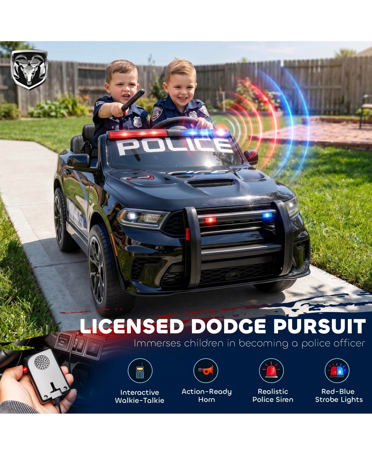 Qaba 12V Licensed Dodge Police Car 2-Seater Ride-On, Ages 3-6