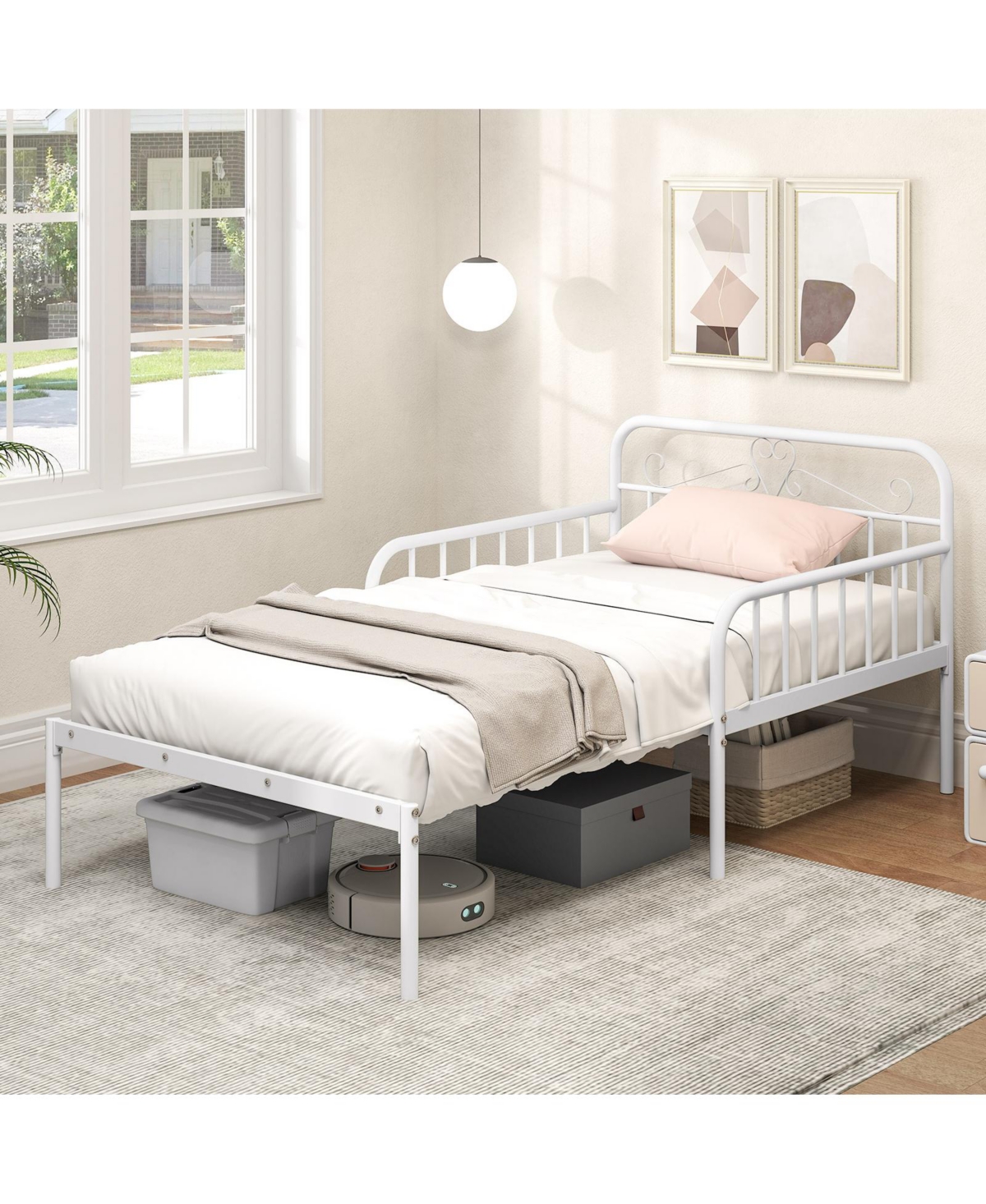 Mecale Extendable Metal Daybed Converts to Twin Bed with Guardrails