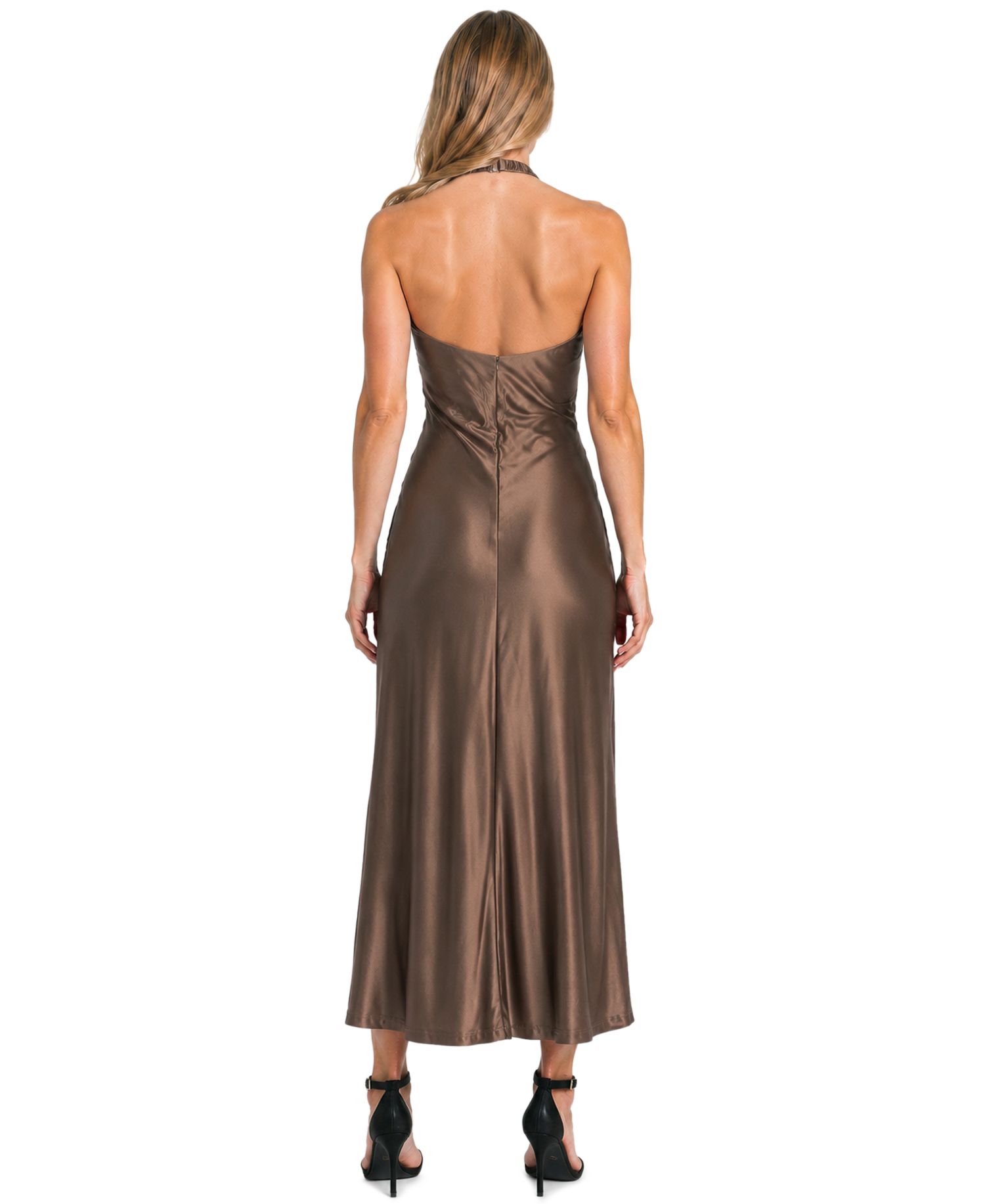 Juniors' Cowl-Neck Halter Open-Back Gown